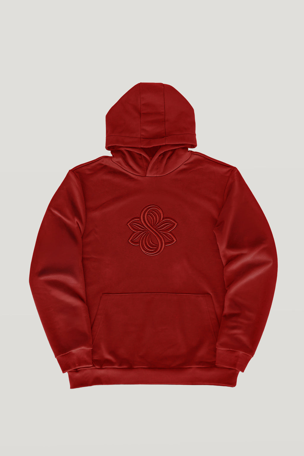 Bordeaux Le Butin8 Strength hoodie, front flat lay showing the embroidered logo