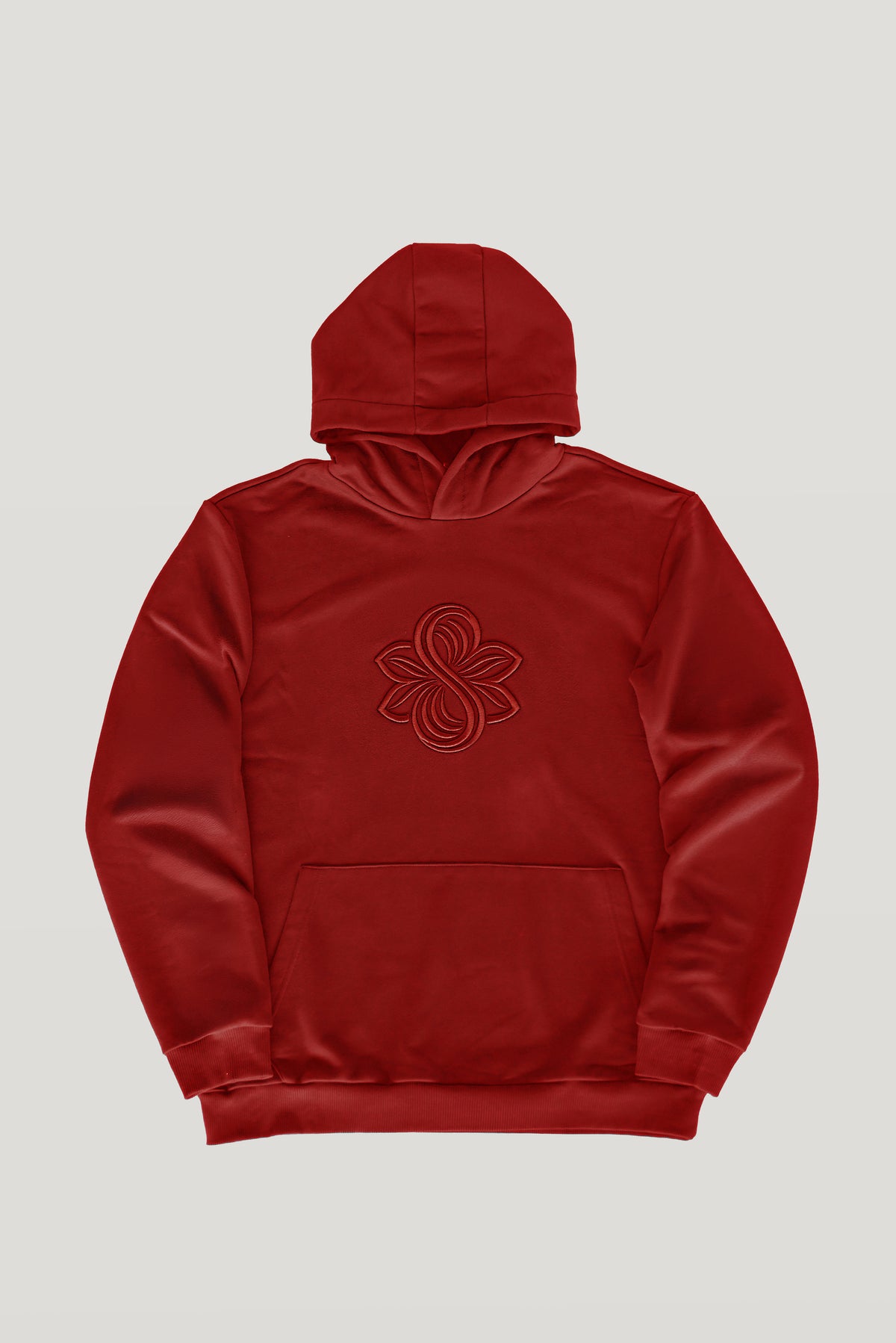 Bordeaux Le Butin8 Strength hoodie, front flat lay showing the embroidered logo